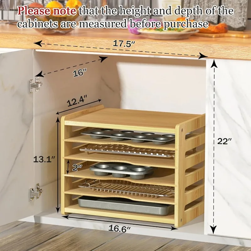 فواصل صينية الخزانات الخشبية المكونة من 6 طبقات، منظم مقسم الصينية العمودية للمطبخ، مقالي التخزين، صواني الخبز، الأغطية، لوح التقطيع