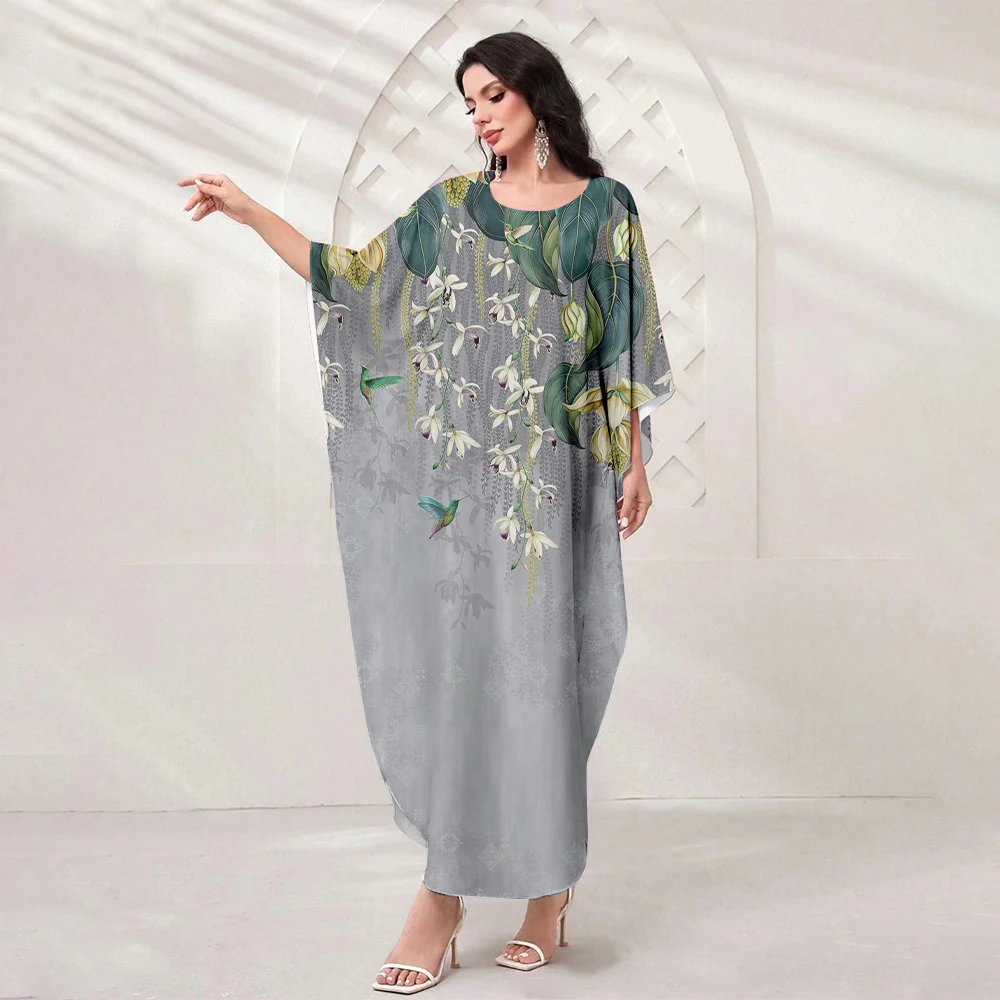 Boutique Muslim Elegant Women's Dress Fashion Weeping Willow Print Bat Sleeve Loose Robe Arab Dubai Muslim Floor-Length Dress