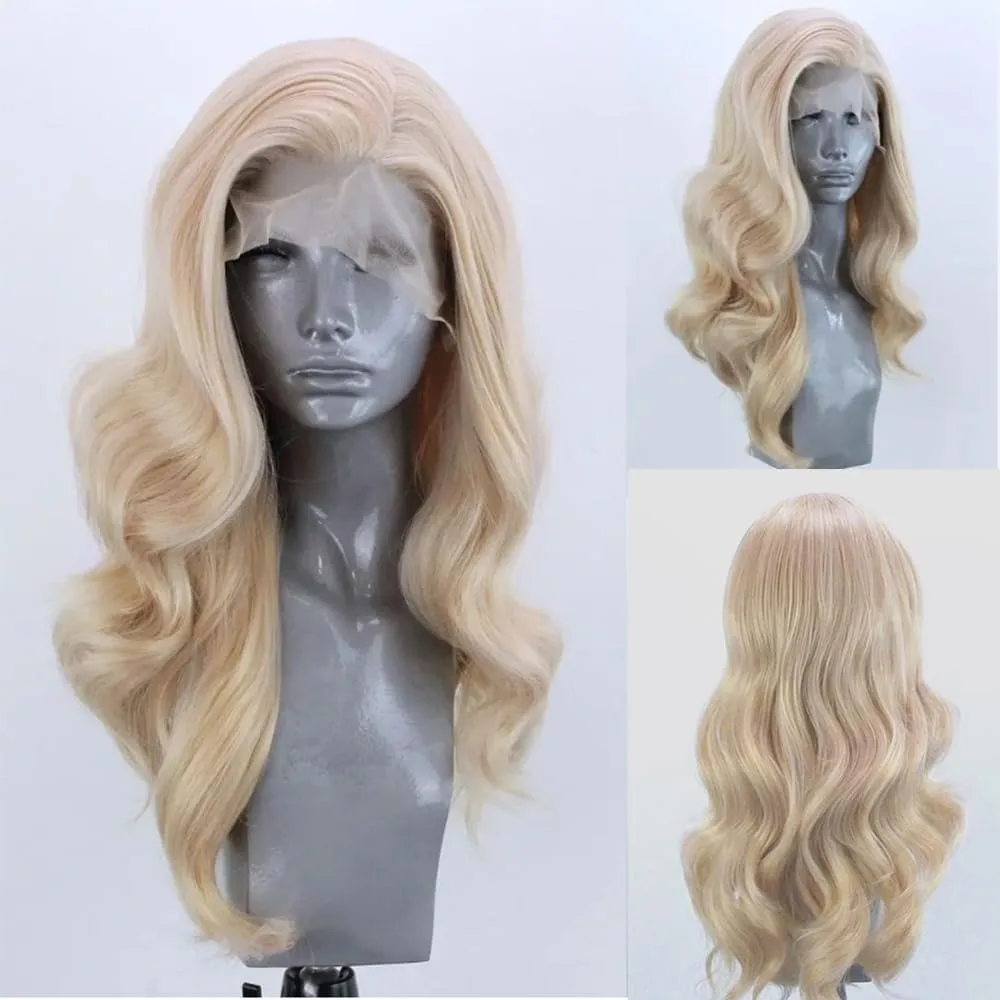 Champagneblond Body Wave Hd Synthetic Wig Free Part Blonde Long Curly Wavy Loose Deep Wave 13X4 Lace Front Party Cosplay Wigs