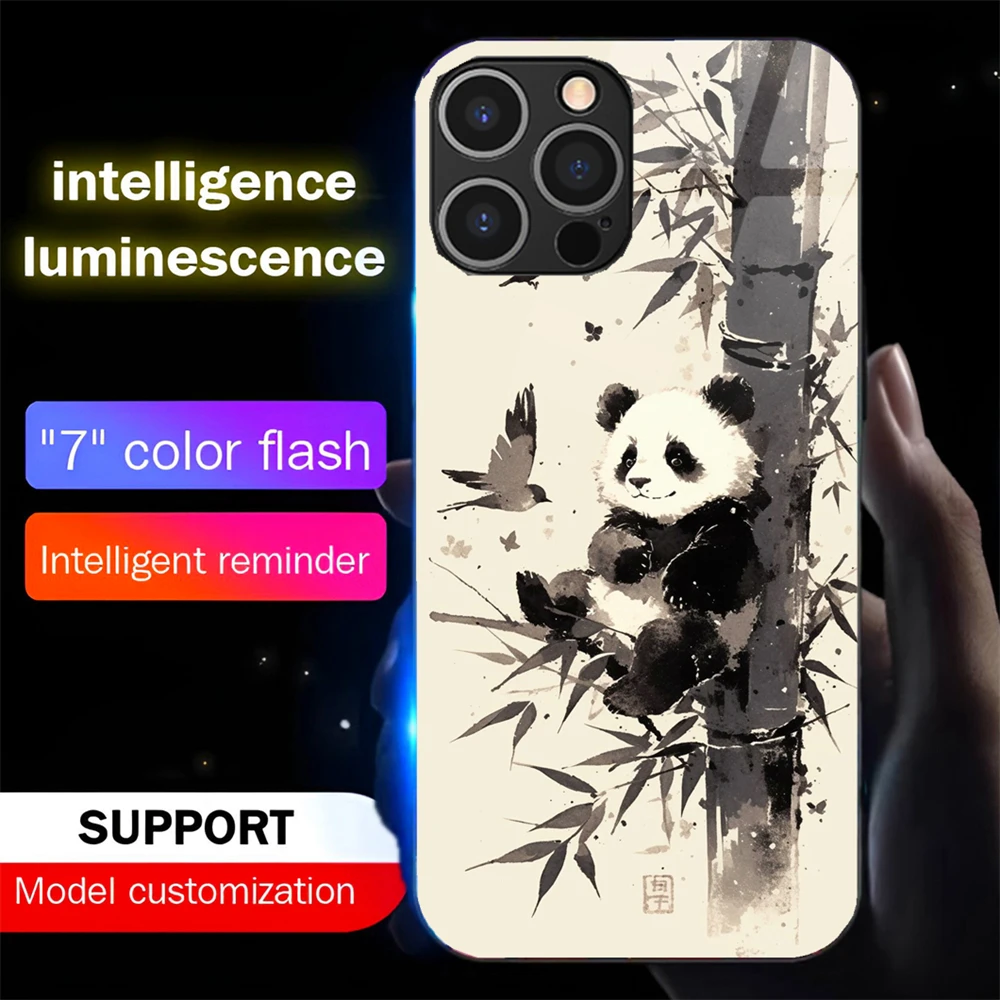 

Panda Ink Painting LED Light Glow Luminous Tempered Glass Back Phone Case For Samsung S26 S25 S24 S22 S23 S21 S20 FE Plus Ultra