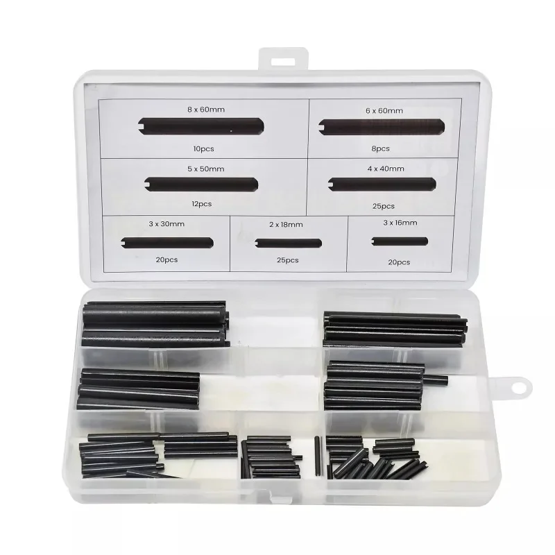 Image of 120-teiliges Sortiment an Rollpins aus Kohlenstoffstahl, elastisches, zylindrisches Hohlfederstift-Set zur Positionierung und Befestigung