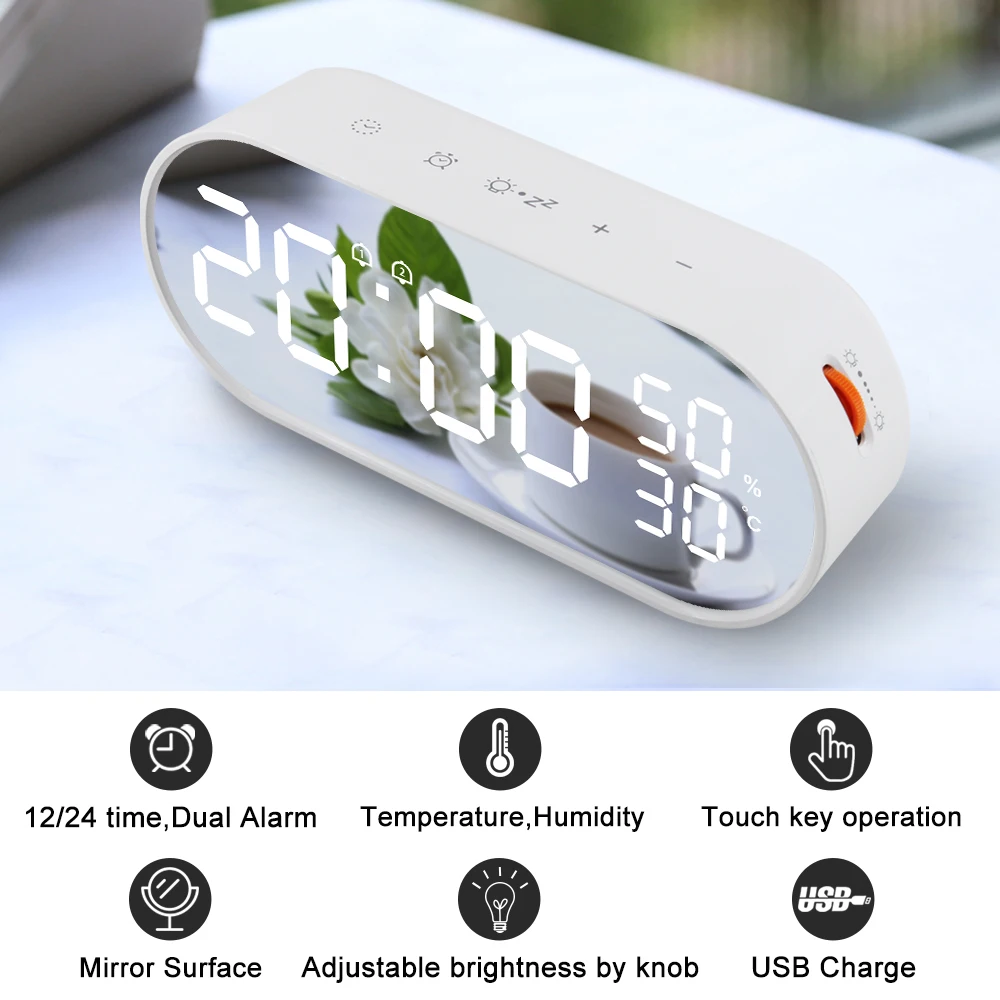 

FanJu LED Alarm Digital Clock Thermometer Hygrometer Electronic Meter Backlight Mirror Clocks Desktop Table USB charging Tool