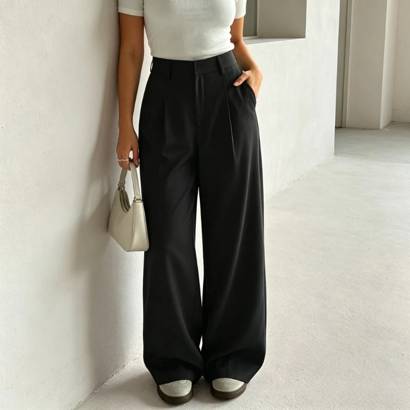 New Elegant High Waist Loose and Thin Women's Trousers Autumn and Winter Mopping Casual Solid Color Office Versatile Suit Pants