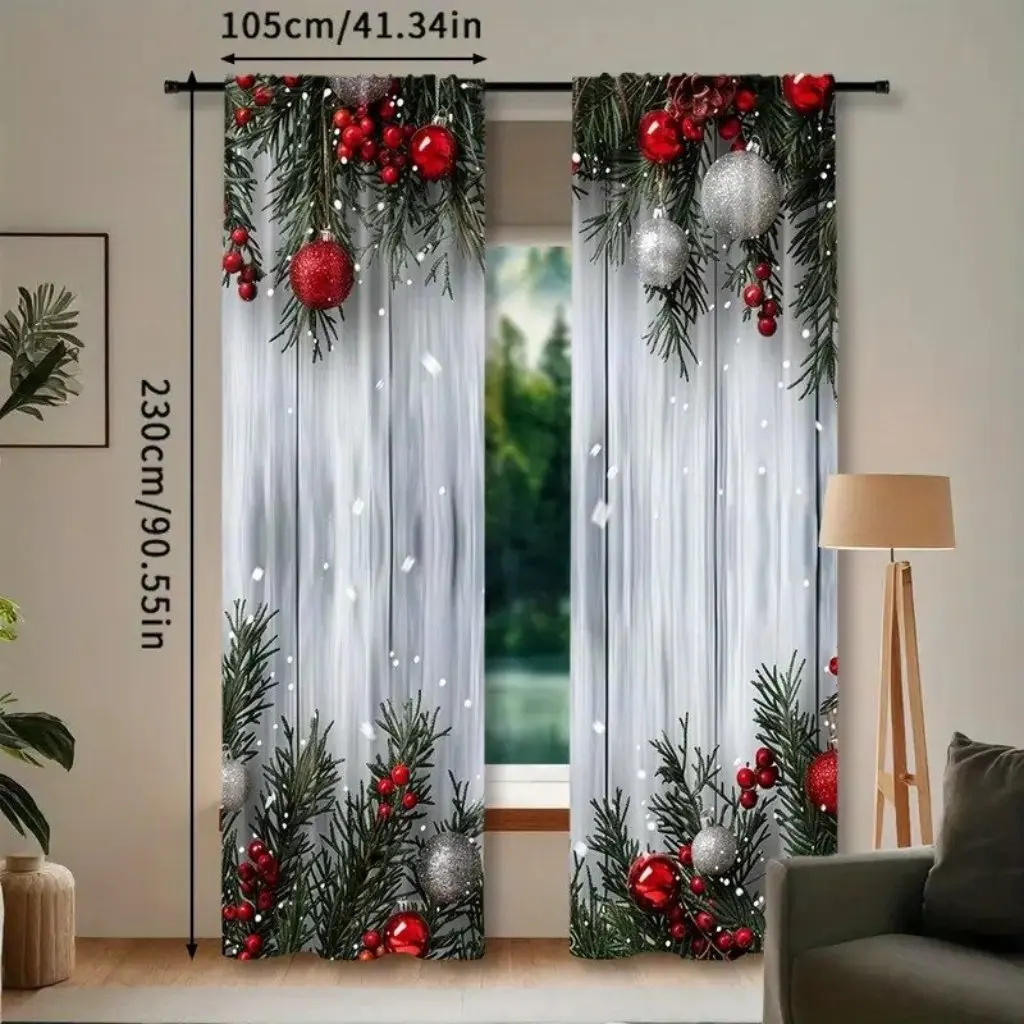 2pcs Set Christmas Tree & Ball Printed Curtains - Rod Pocket Design, Polyester, Perfect for Living Room, Kitchen, Bedroom, and D