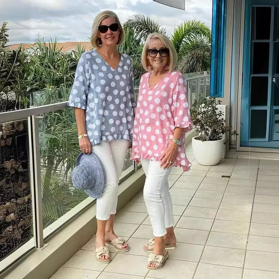 Short Sleeve T Shirt Tops For Woman Polka Dot Print T Shirts Round Neck Casual V Neck Top Cotton Tee Pastel Yellow Loose Fit