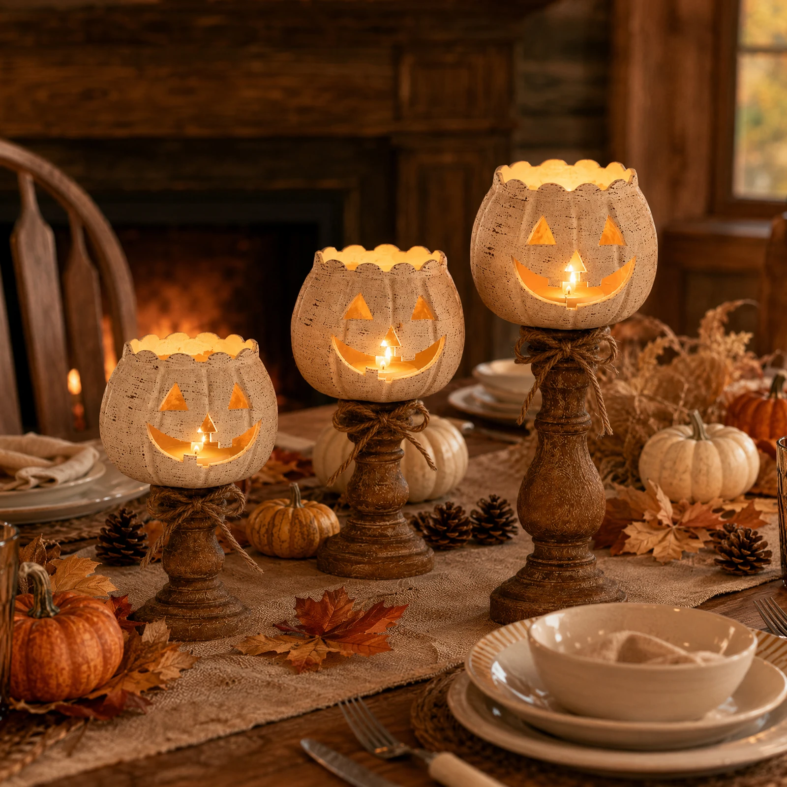 White Pumpkin Tea Light Candle Holder Set Rustic Wood Farmhouse Fall Halloween Thanksgiving view 6