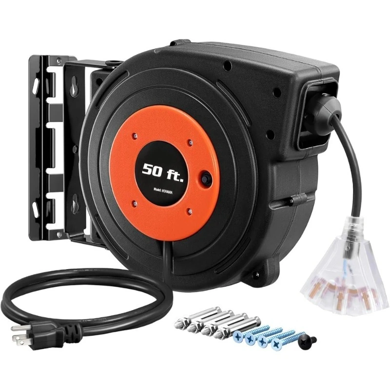 

Retractable Extension Cord Reel 50 FT Heavy Duty 14AWG 3C SJTOW Power Cable with Triple Outlets 13A Breaker UL Listed