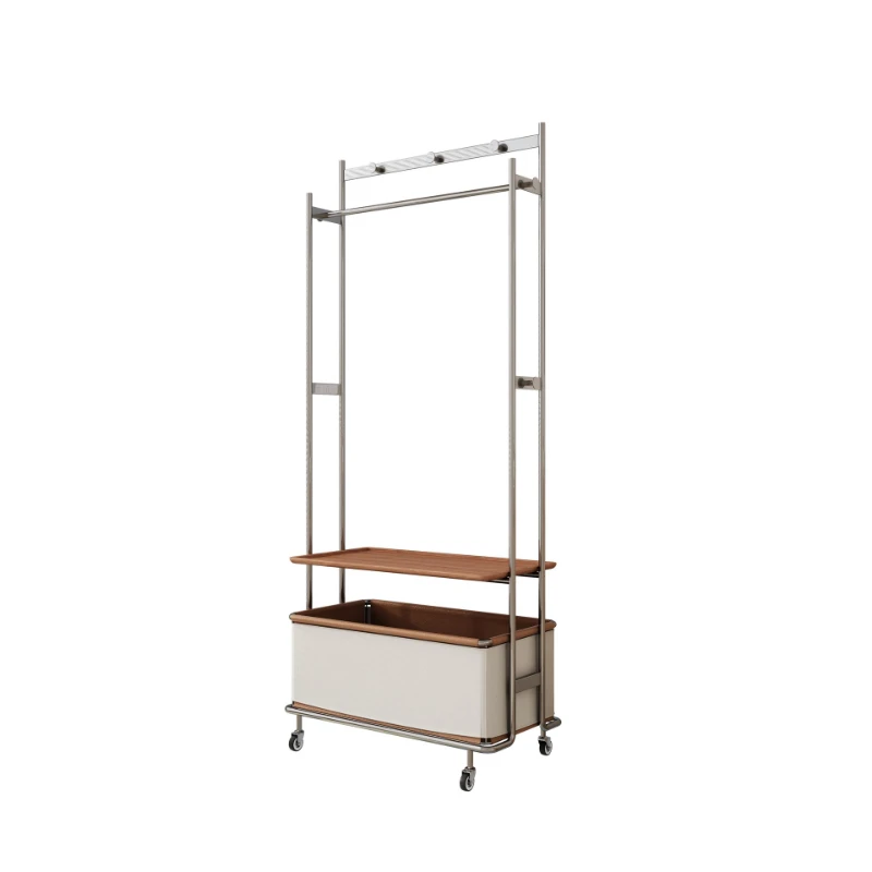 شماعة من الخشب الصلب من العصور الوسطى من الفولاذ المقاوم للصدأ، رف معطف أرضي متحرك، شقة صغيرة، غرفة نوم متعددة الوظائف #1