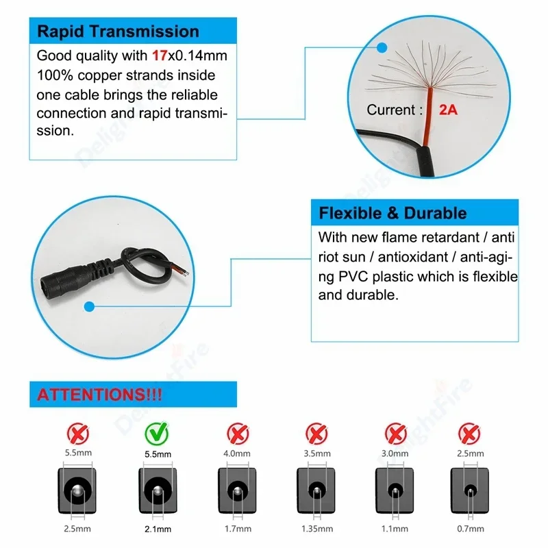DC Power Pigtail Cable Jack Plug Adapter 5.5mm 2.1mm Female Male Plug LED Strip Extension Wire Connector For WS2812B Connector