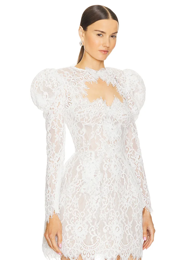 Sexy O Neck Long Sleeve Lace Floral Mini Dress Women White Backless Luxury Bead Strap Slim Dresses Elegant Evening Party Gown