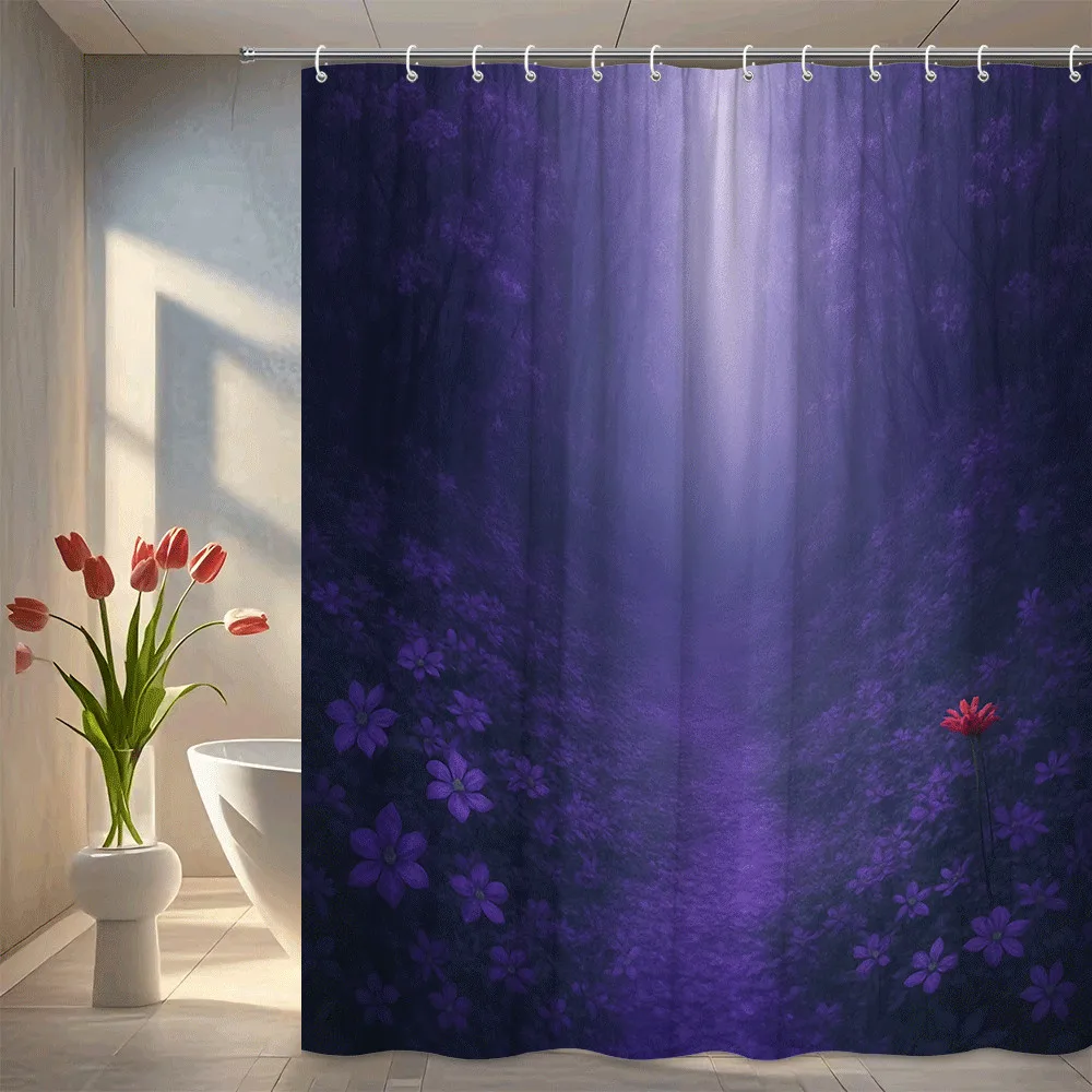 

Фиолетовая лесная занавеска для душа, мистическая световая дорожка, цветочный луг, природа, сцена, мечтательный декор для ванной комнаты, водонепроницаемые бесплатные крючки в комплекте