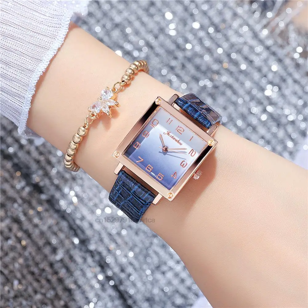 Women\'s Gradient colours Square Watches Minimalist Luxury Ladies  Leather Wristwatches Casual Female Quartz Relojes Para Mujer