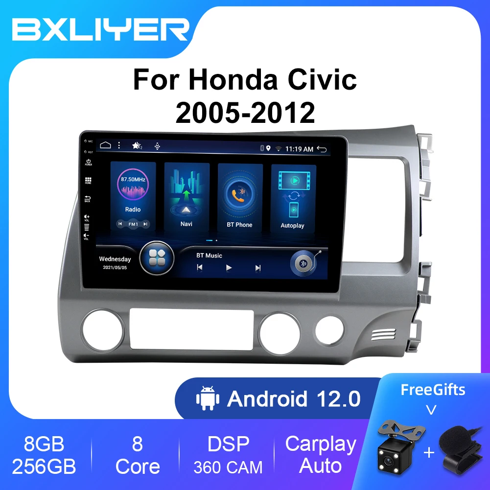 8+256GB Android 12 Car Radio for Honda Civic RHD 2005 - 2012 Multimedia Player 2 Din Right Hand Drive Navigation GPS Carplay DVD