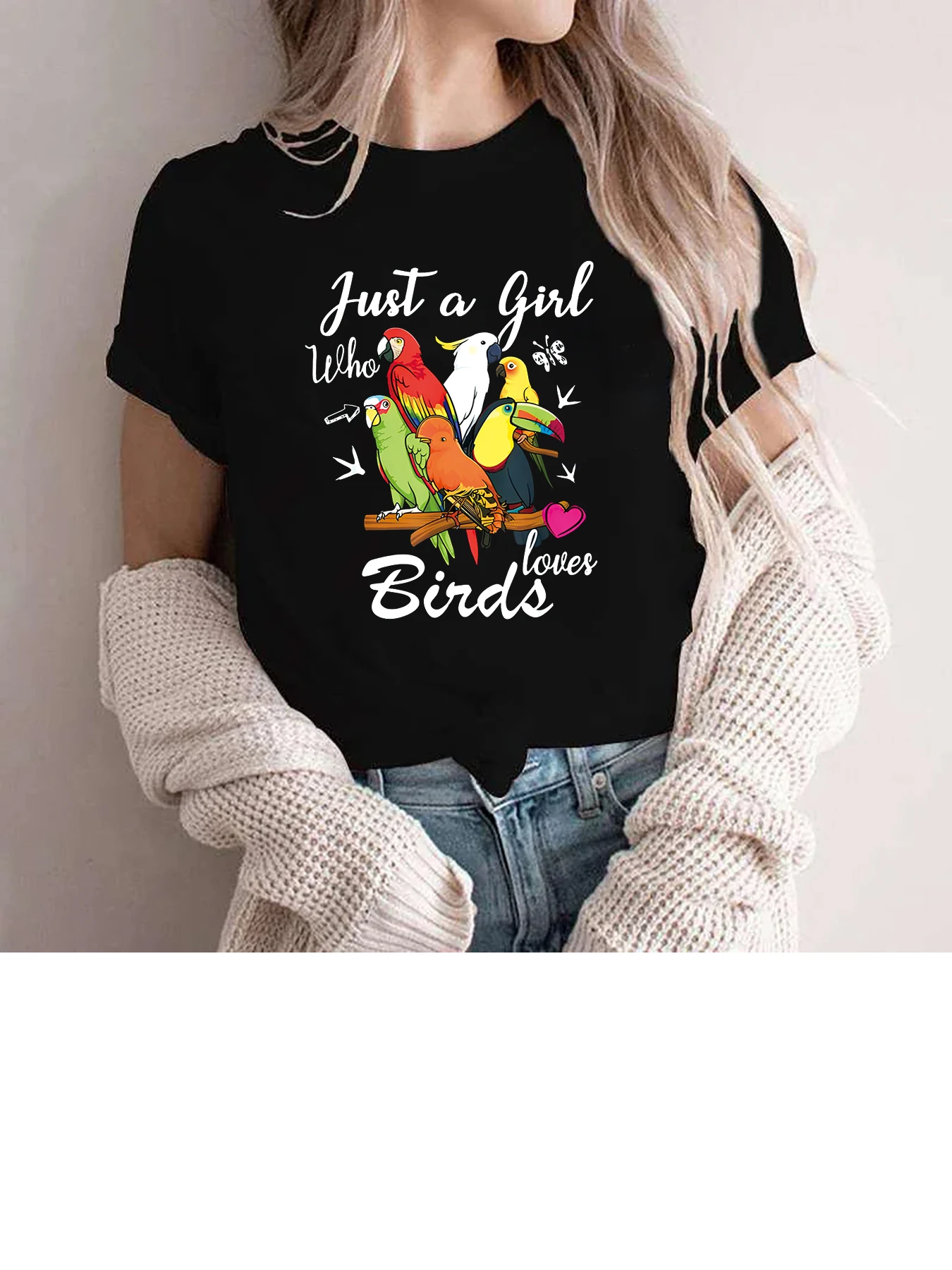 Just A Girl Who Loves Birds Printed Short Sleeve Casual Fashion Women T-Shirt Pattern Women\'s Summer Printed Tops Femminile Tee