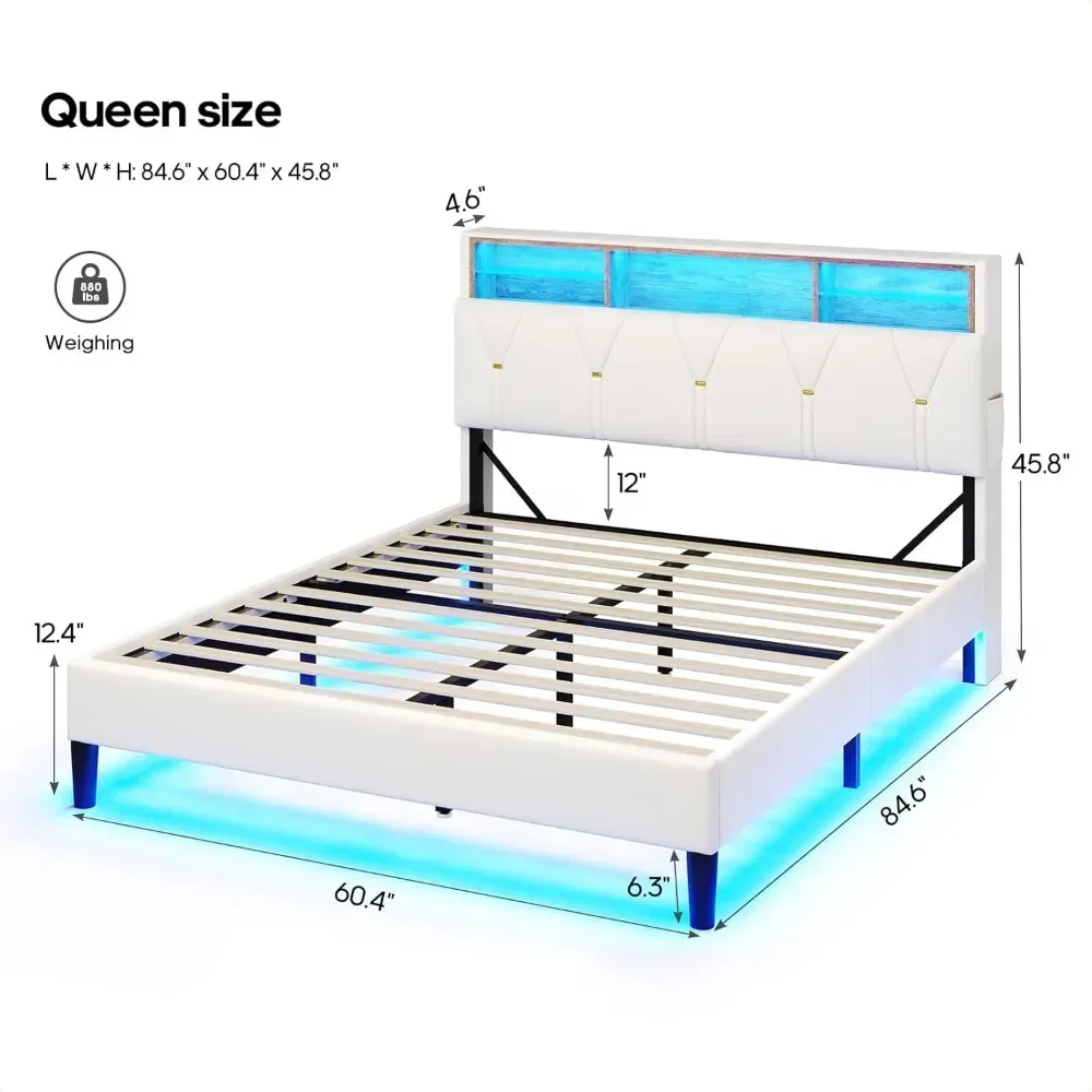 

Queen Bed Frame with Storage Headboard and RGB LED Lights, Velet Upholstered Platform Bed Frame Queen Size with Type-C & USB Cha