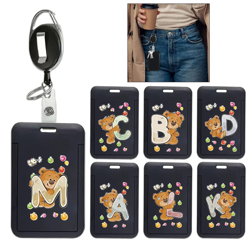 Colorful Plastic Card Set with Retractable Buckle Plastic Id Badge Holder Durable Identity Badge Protector Bear Letter Pattern