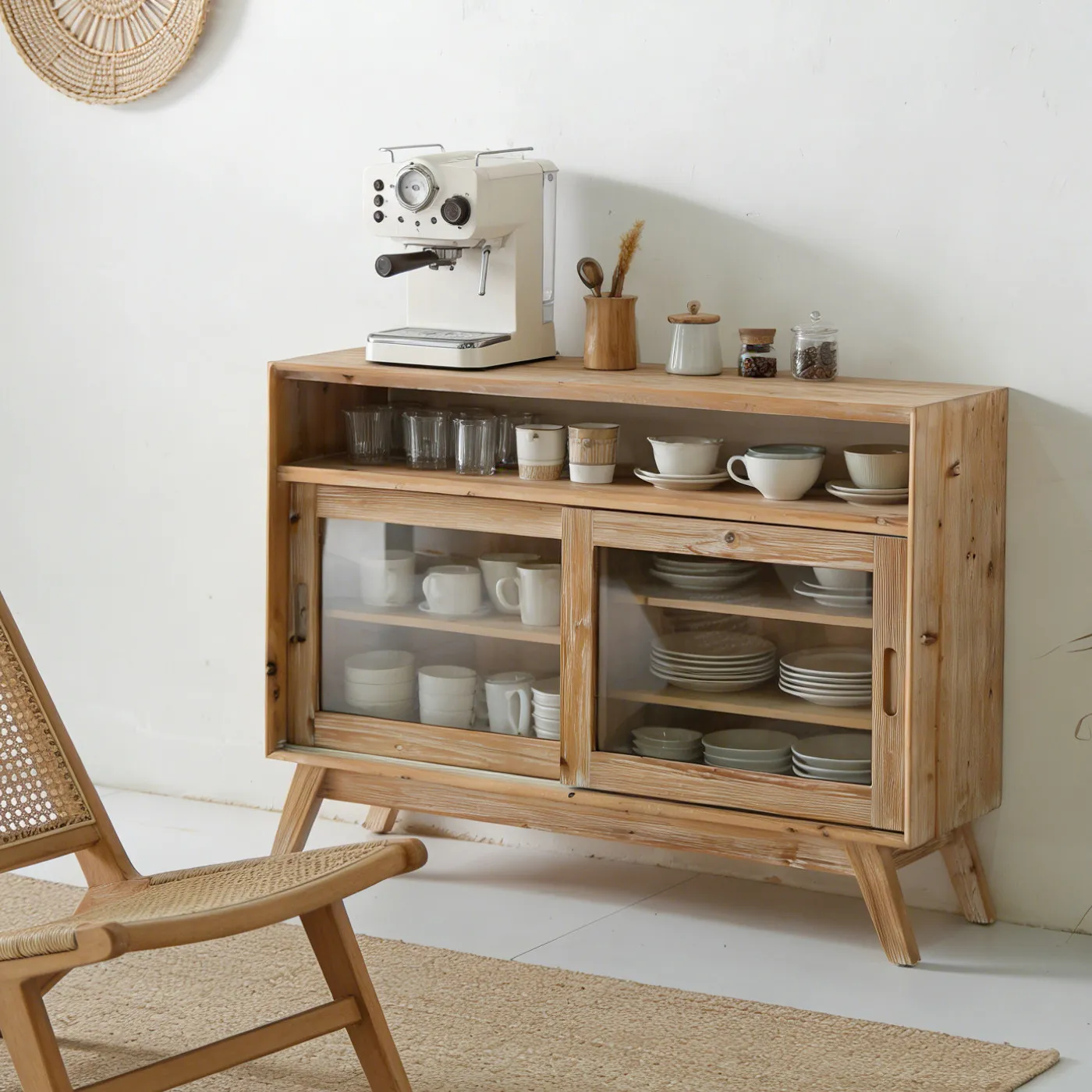 Wabi Sandy Wind Solid Wood Glass Sliding Door Dining Side Cabinet Retro Homestay Locker Japanese Storage Cabinet Tea Cabinet