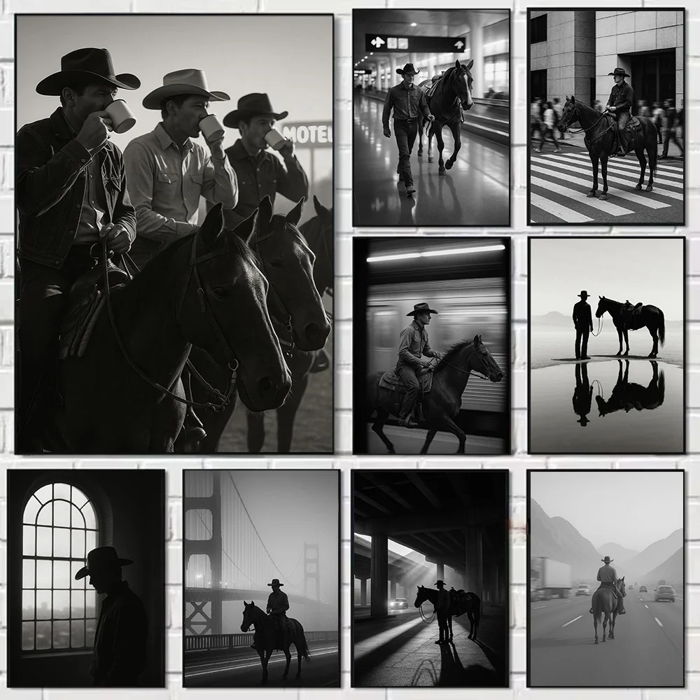 Western Black and White Retro Images, Coffee Break, Cowboy Prints, Subway Cowboy Picture Home Decor Canvas Paintings