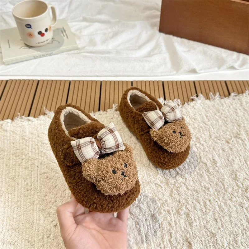 

New Winter Children Warm Cotton Shoes Cute Bear Girls Causal Outdoor Shoes Fashion Furry Kids Plush Shoes Non-slip Soft Bottom