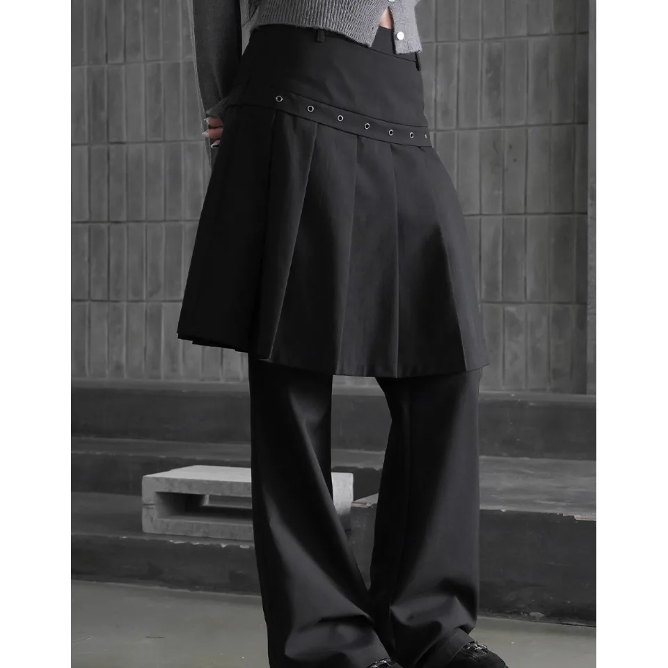 Sweet Cool Style Pleated Skirt Fake Two-Piece Micro Flared Pants Long Trousers Metal Buckle Casual Pants for Women