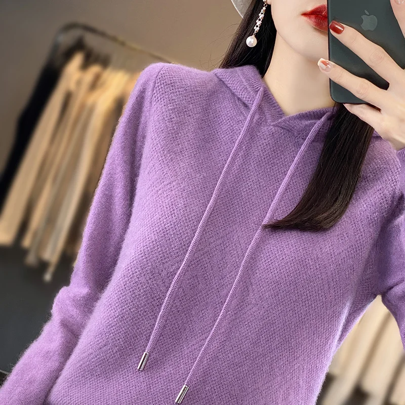 2023 New Autumn winter Cashmere hooded Women  thickened Cashmere Hoodie Women Loose Hooded Knitted  Thick Sweater