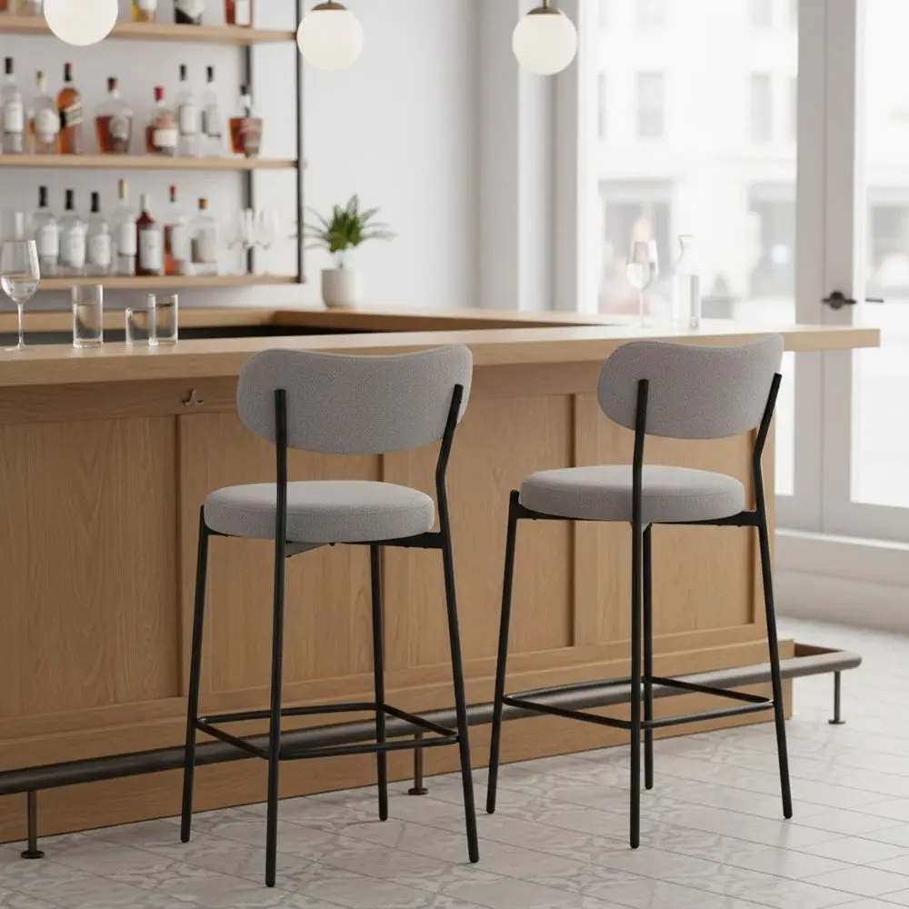 

Комплект из 2 барных стульев для бара, высота 26 дюймов, с мягкой обивкой и спинкой, из ткани букле, для бистро и пабов, серые