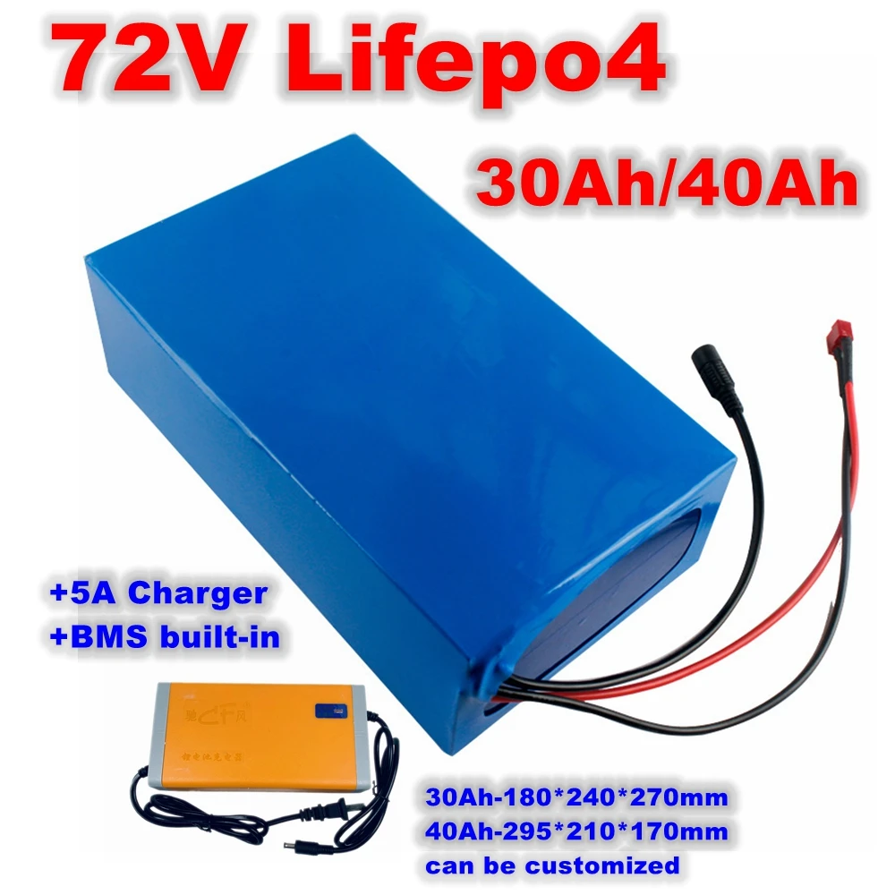 rechargeable 72v 30ah 40ah Lifepo4 Lithium battey pack BMS 24S for motorcyce ecooter ebike+5A charger