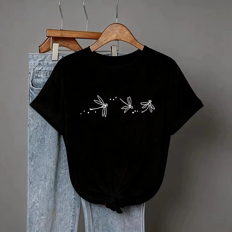 Unisex Men Women T Shirt Minimalist Line Art Dragonfly Print Short Sleeve Tee Casual Crew Neck Simple Insect Graphic T-shirt