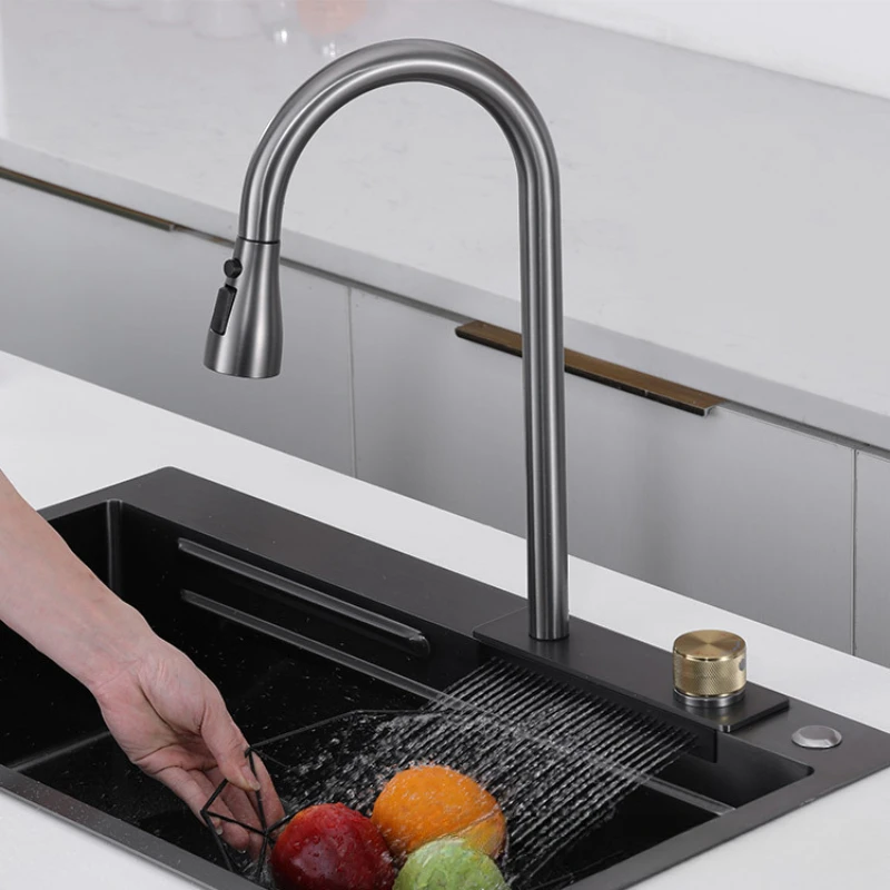 Under the stage, the stainless steel kitchen hot and cold sink pulls the four-mode outlet double-hole sink faucet of Feiyu Water