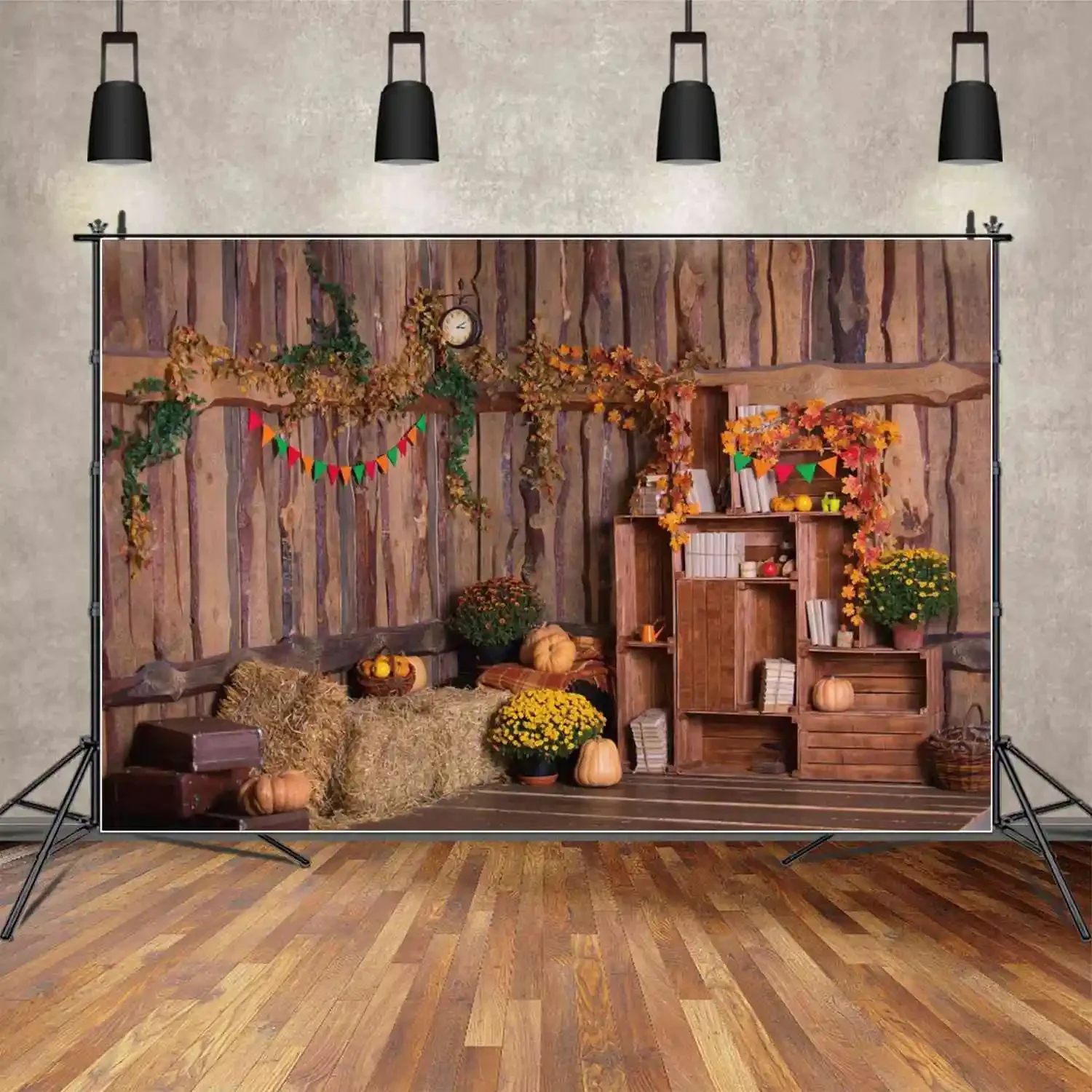 

MOON.QG Photo Backdrop Wood Board Thanksgiving Party Booth Background Autumn Harvest Celebration Hay Bale Wooden Plank Props