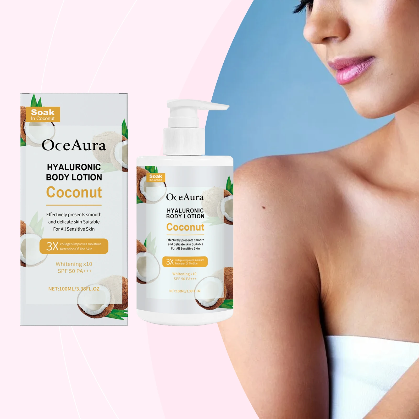 코코넛 히알루론산 바디 로션 - SPF 50 PA+++ 민감성 피부를 위한 화이트닝 & 하이드레이팅 모이스처라이저, 3X 스무딩 효과, 100ml/3