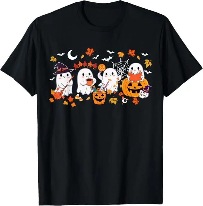 

Cute Ghost Drinking Coffee Halloween Ghost Fall Book Reading Unisex T-Shirt