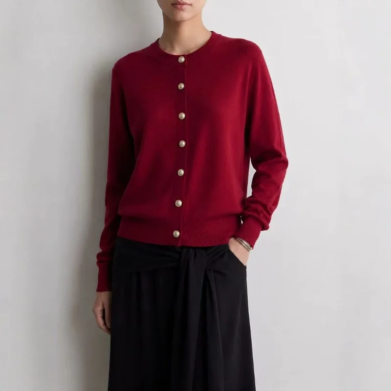 Women Round Neck Knit Cardigan Long Sleeve Metal Button Loose Casual Sweater Outerwear