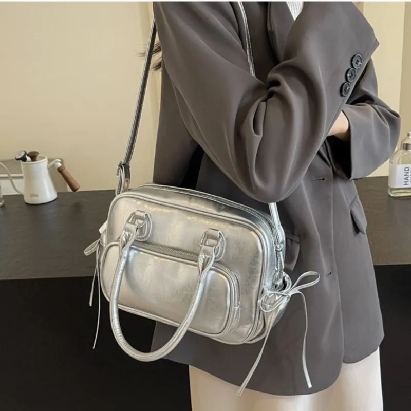 JIAERDI Vintage Silver Backpack Women Hot Girls Bow Zipper Handle Mini Backpacks Female Retro Preppy Style Y2k Mochila Aesthetic