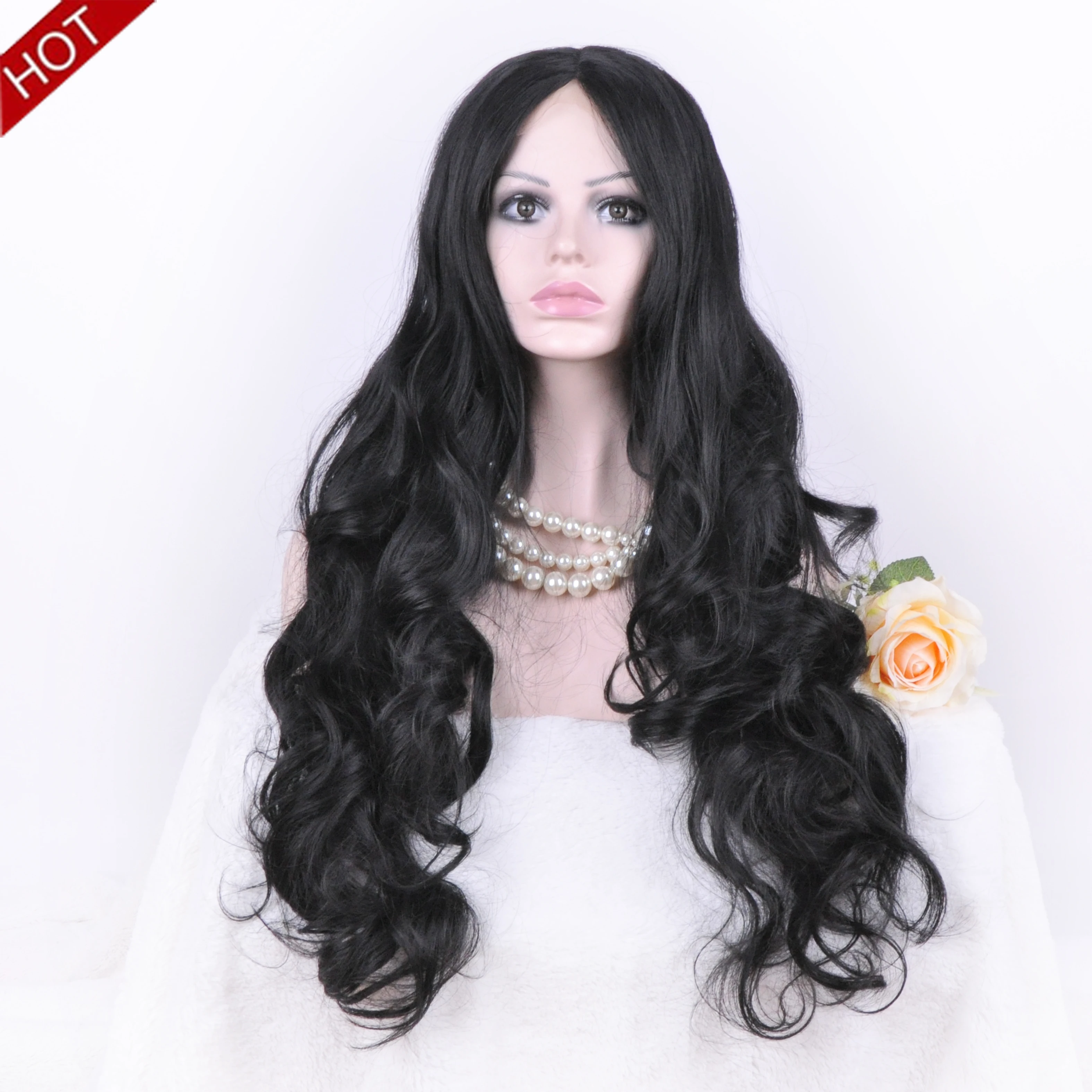 Black Long Big Wavy Lace Front Wig with Wig Cap, Synthetic Heat Resistant Hair, Natural Looking Middle Part Curly Wig for Women