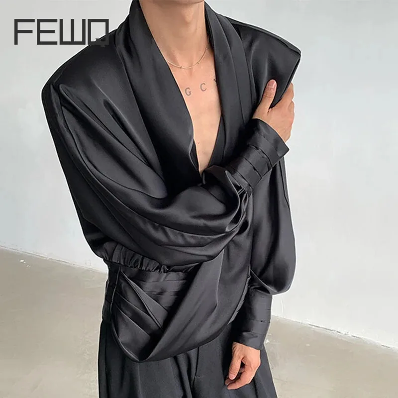 FEWQ Sexy Men's Shirts Big V-neck Shoulder Padded Design Solid Color Long Sleeve Pullover Male Loose Tops Spring 2025 24K1124