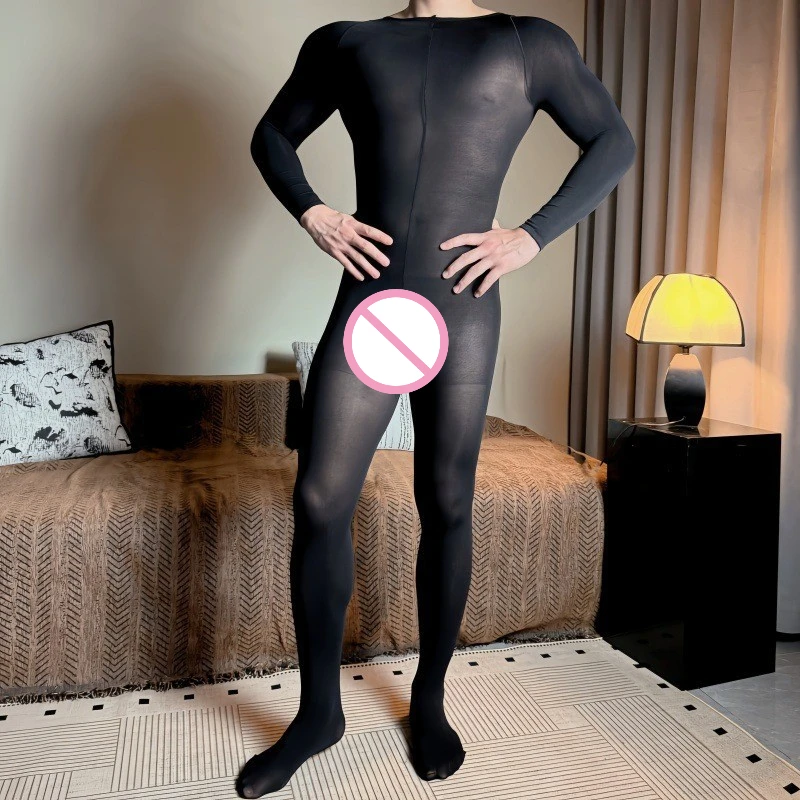 Erkekler için Fetiş Yumuşak Gecelik Seksi Şeffaf Bodystocking Siyah Beyaz erkek iç çamaşırı Beyefendi Uzun Kollu Tulum