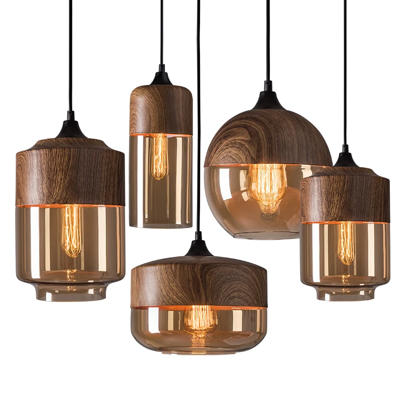 Vintage Wood Grain Glass Hanging Lamp Nordic LED Pendant Light Bar Cafe Living Dining Room Decoration Loft Style Luminaire