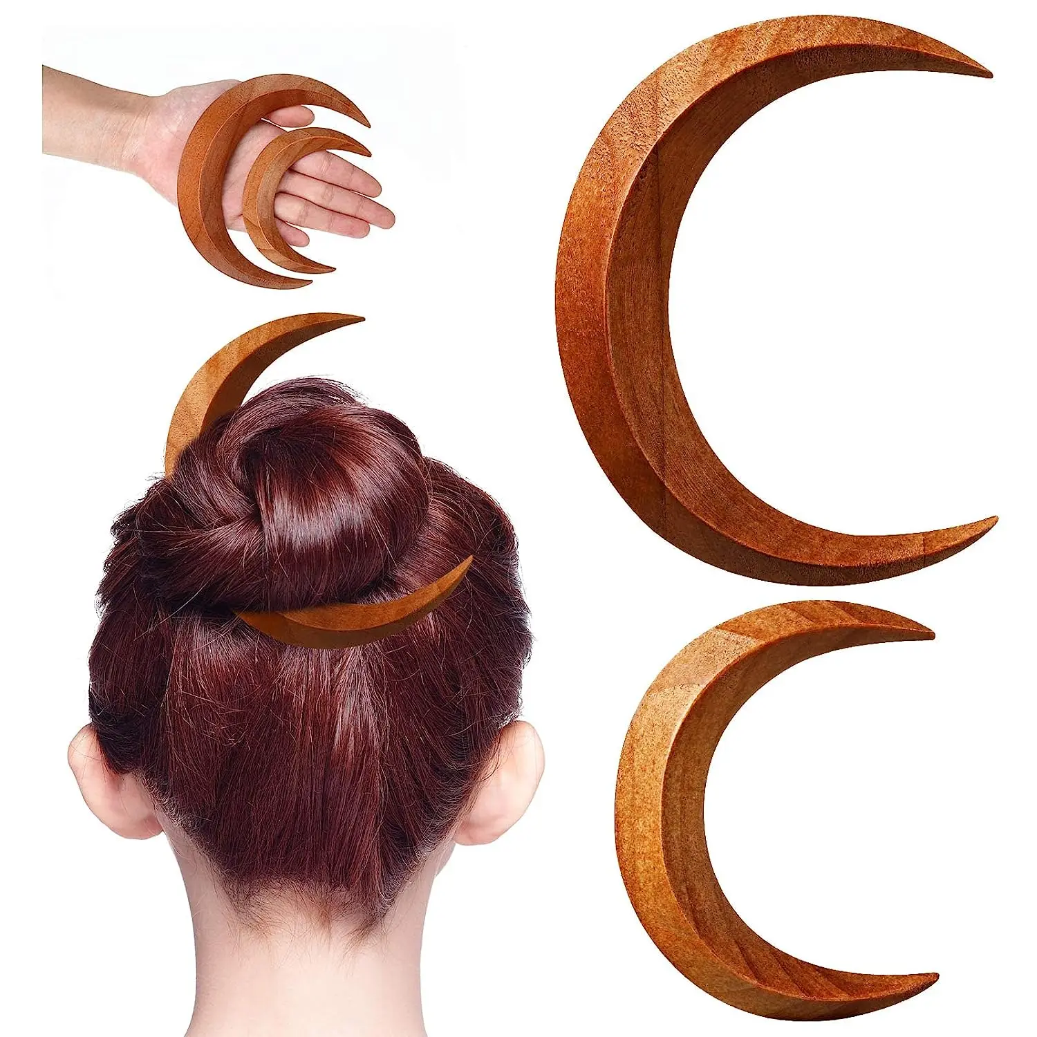 Hand Carved Wooden Moon Hair Sticks Solid Wood Crescent Hair Forks for Women Long Hairpin Comb Styling Fashion Hair Accessories