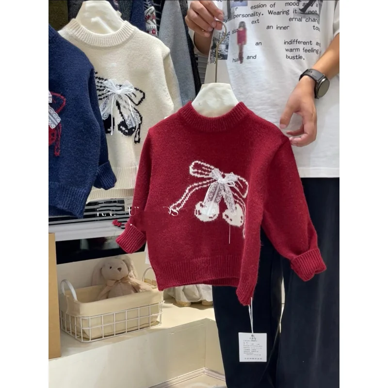 

Girls' Sweater Children's Clothing New Autumn Red Top Stylish Children's Clothes Bow Sweet Knitwear