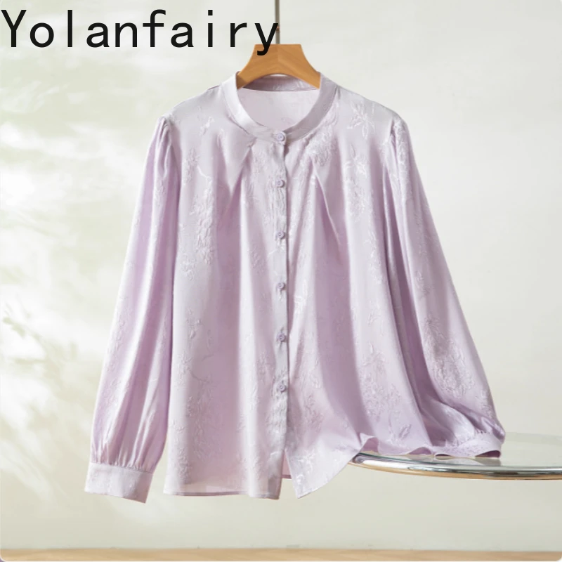 YOLANFAIRY 93% قميص حريري التوت الحقيقي للمرأة قمصان صيفية أنيقة بأكمام طويلة وياقة واقفة قمصان نسائية فضفاضة Dames