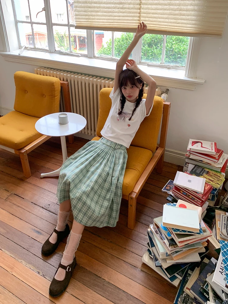 

Новая женская корейская модная миди-юбка A-силуэта в клетку с высокой талией, плиссированная, летняя, для стройности, от Mixd