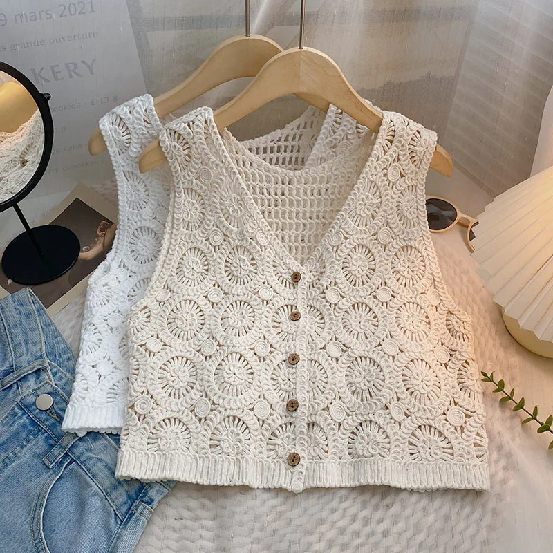 Women Summer Hollow Out Knit Vest French Style V-Neck Sleeveless Hooked Flower Sweater 2023 New All-Match Outwear Short Top