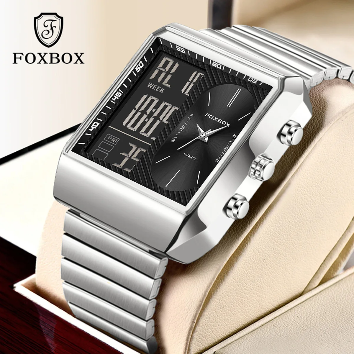 FOXBOX Dual Display Man Watch Stainless Steel Luminous Quartz Watch Waterproof Chronograph Business Men's Digital Watches+Box