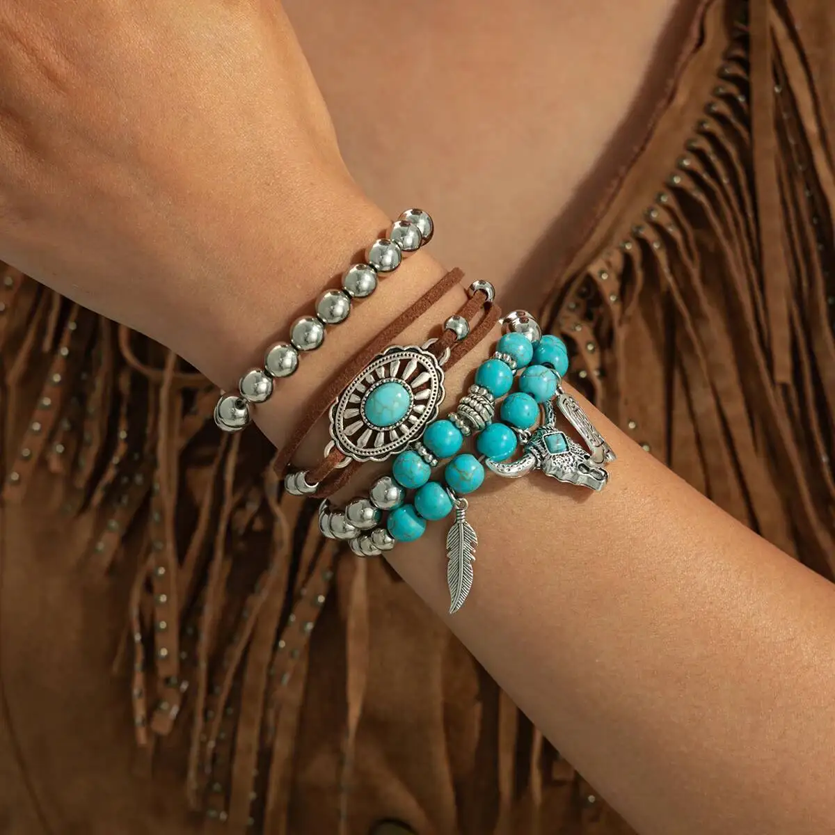 Salircon 4 Teile/satz Ethnische Böhmen Feder Anhänger Armbänder Frauen Vintage Kreative Einstellbare Grüne Stein Perlen Armreifen Schmuck