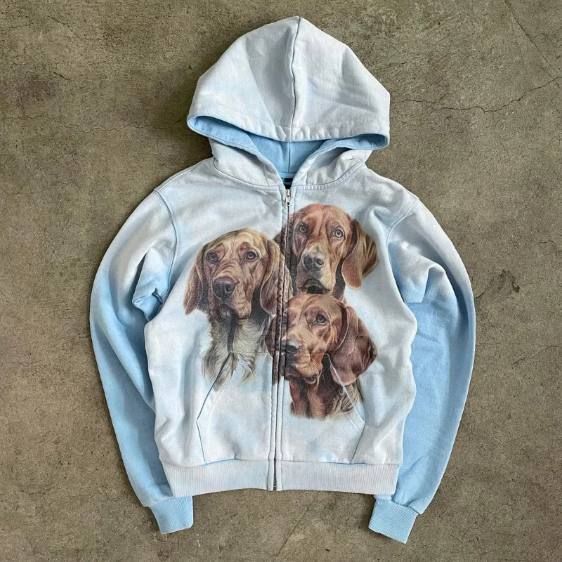 

Y2k Women's Winter Hoodies Pullover Long Sleeve Oversize Streetwear Cute Dog Print Zipper Casual Top Vintage Sweatshirt 2024