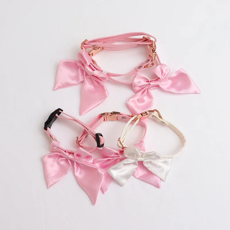 Silk Pink Dog Collar Adjustable Collar for Girl  Puppy Kitten Cats Big Bow White Pet Collar with Metal Buckle Pet Accessories