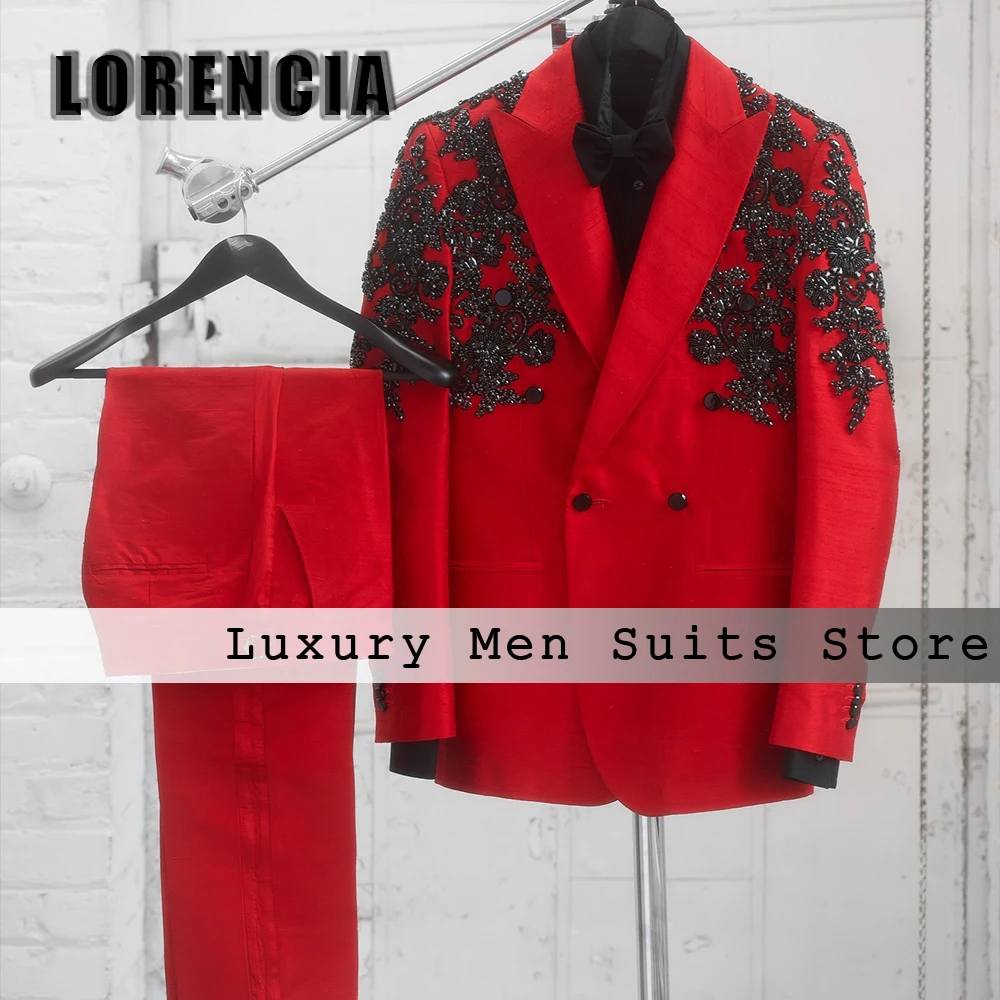 

Loose Crystal Ornaments Men Suits 2 Pieces Double Breasted Groom Jacket Wedding Texudos Customized Blazer Pants costumes homme
