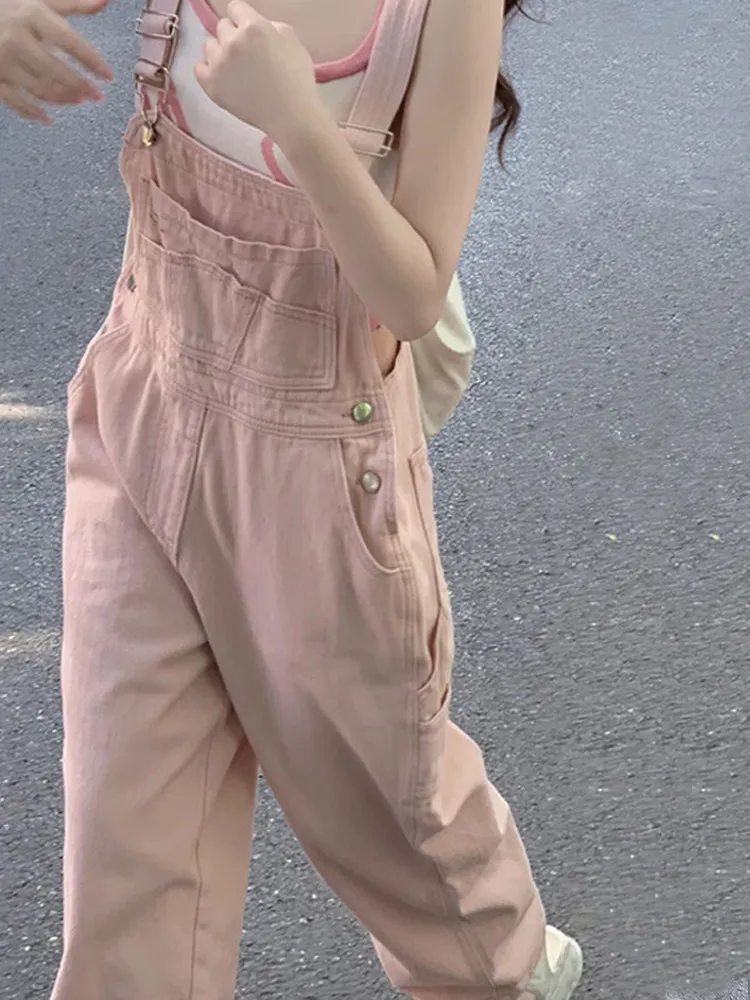 

Pink Denim Overalls Women 2026 Summer New Casual Straight Leg Jumpsuit Vintage Loose Wide Leg Bib Pants for Daily Wear