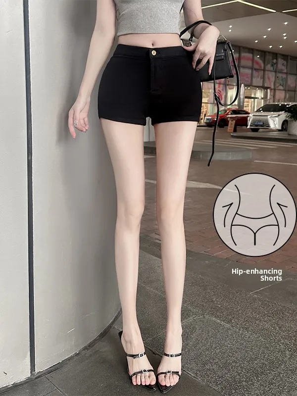 

High Waist Slimming Black Denim Short Pants Elastic Casual Jeans High Hip Small Size Straight Leg Tight Fit Hot Pants